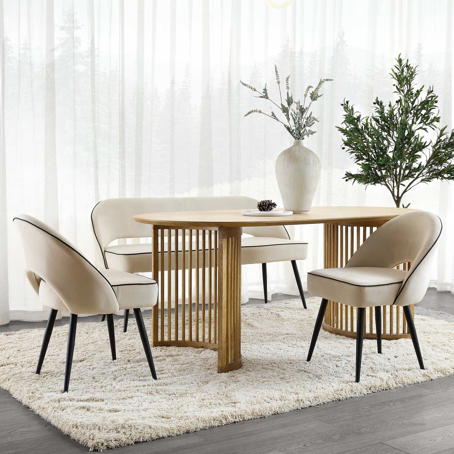 Oakley Champagne Velvet Upholstered 3 Seater Dining Bench with Contrast Piping