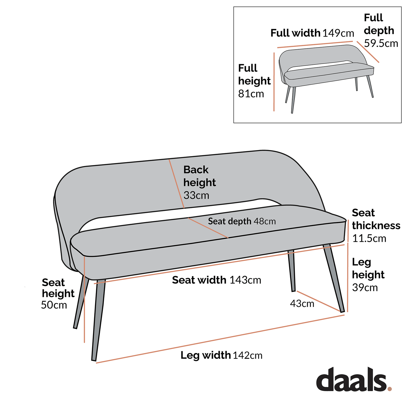 Oakley Orange Velvet Upholstered 3 Seater Dining Bench with Contrast Piping