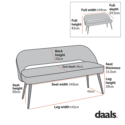 Oakley Champagne Velvet Upholstered 3 Seater Dining Bench with Contrast Piping