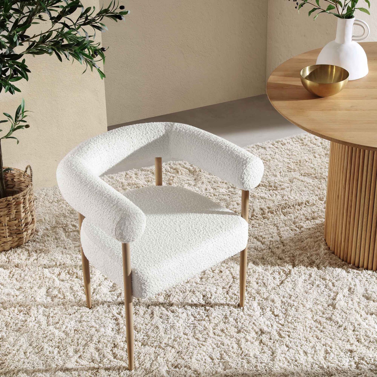 Fulbourn White Boucle Dining Chair with Natural Wood Effect Legs