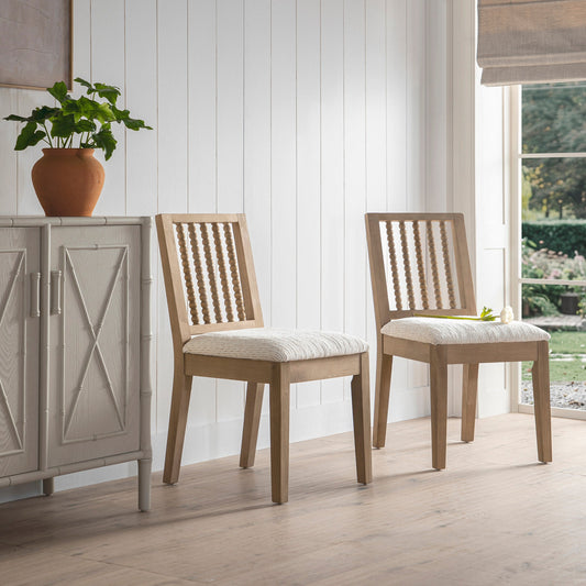 Hemingford Set of 2 Beige Textured Fabric Bobbin Spindle Washed Oak Dining Chairs