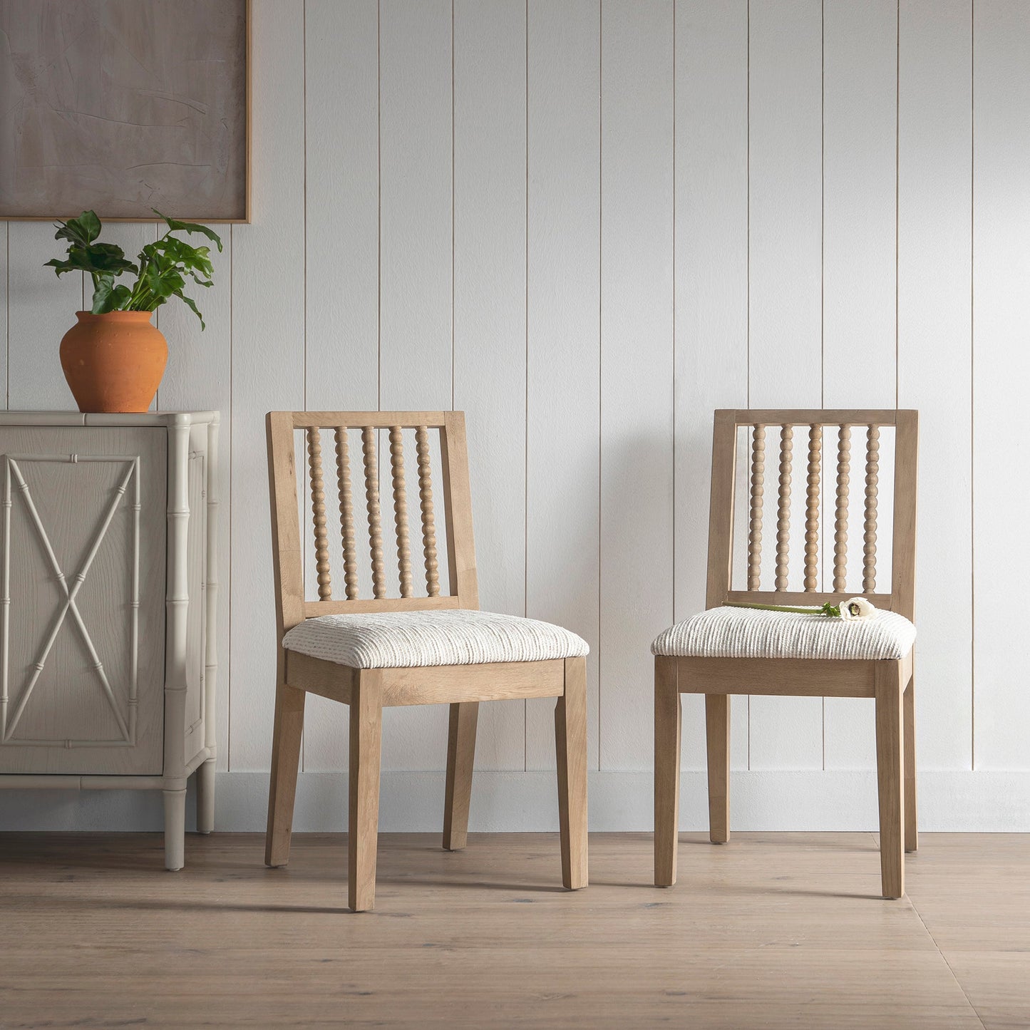 Hemingford Set of 2 Beige Textured Fabric Bobbin Spindle Washed Oak Dining Chairs