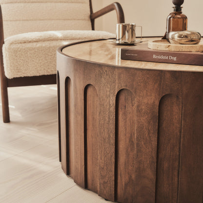 Valor - Beige Travertine Round Dark Wood Premium Coffee Table