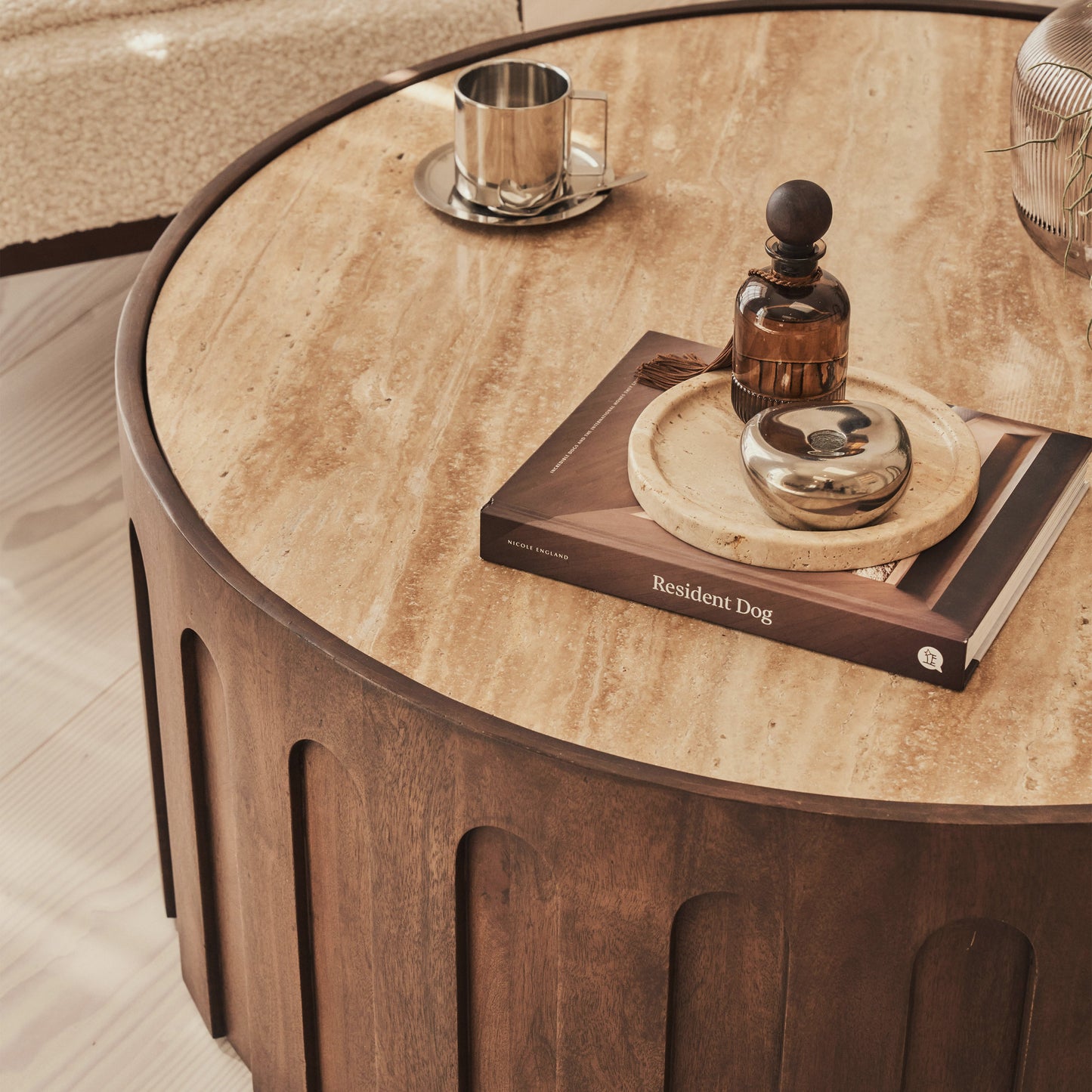 Valor - Beige Travertine Round Dark Wood Premium Coffee Table