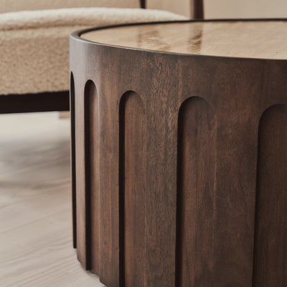 Valor - Beige Travertine Round Dark Wood Premium Coffee Table