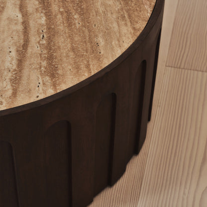 Valor - Beige Travertine Round Dark Wood Premium Coffee Table