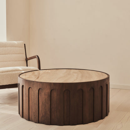 Valor - Beige Travertine Round Dark Wood Premium Coffee Table