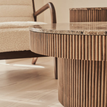 Sloane - Dark Emperador Marble Round Warm Wood Premium Coffee Table