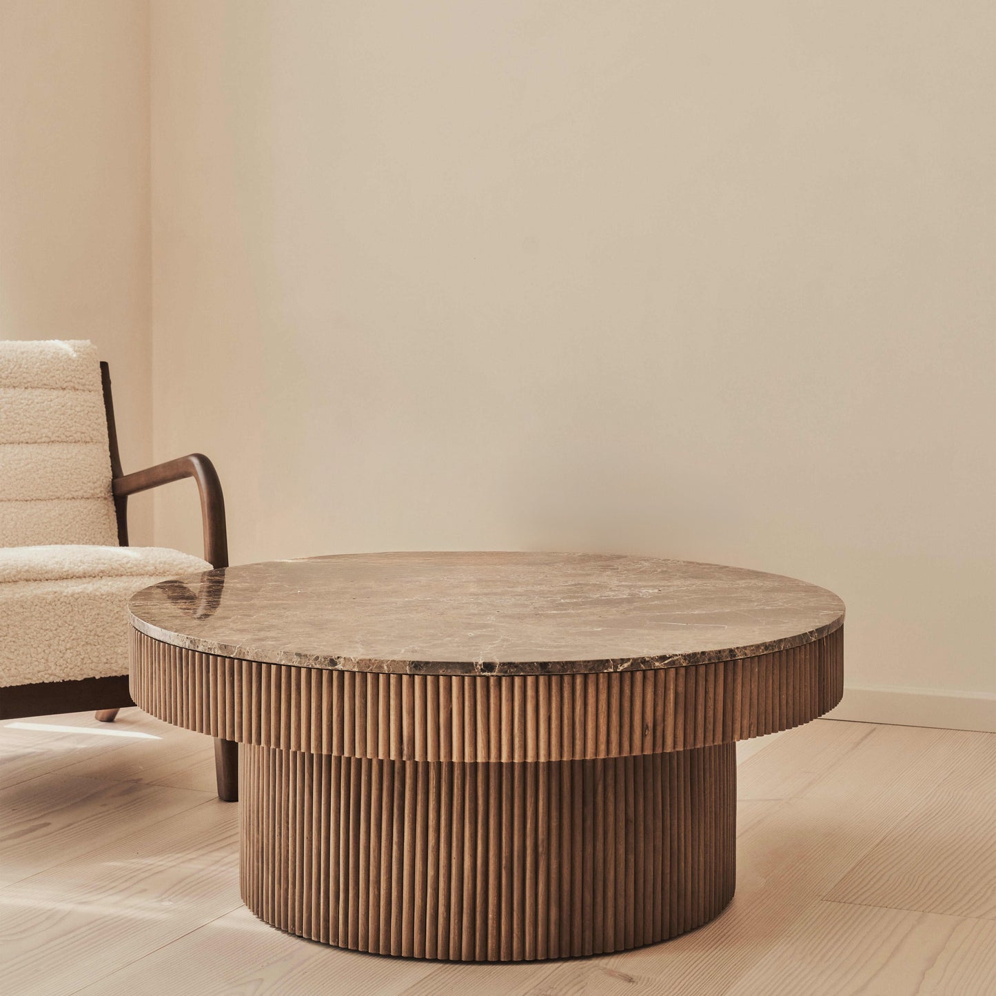 Sloane - Dark Emperador Marble Round Warm Wood Premium Coffee Table