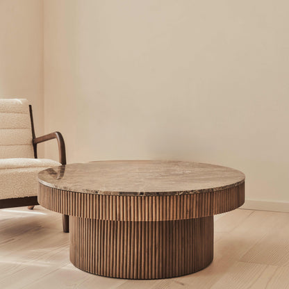 Sloane - Dark Emperador Marble Round Warm Wood Premium Coffee Table