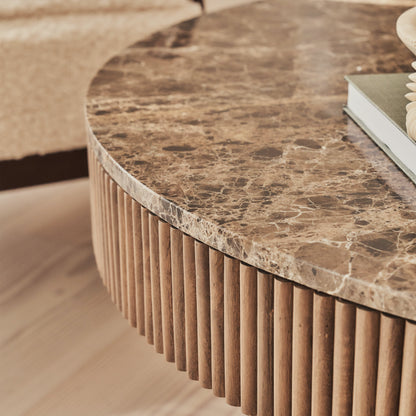 Sloane - Dark Emperador Marble Round Warm Wood Premium Coffee Table