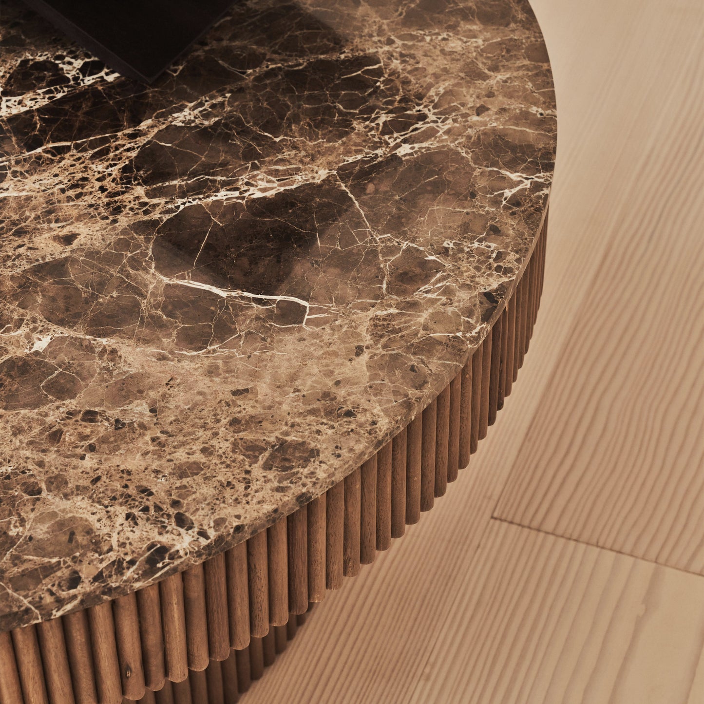Sloane - Dark Emperador Marble Round Warm Wood Premium Coffee Table