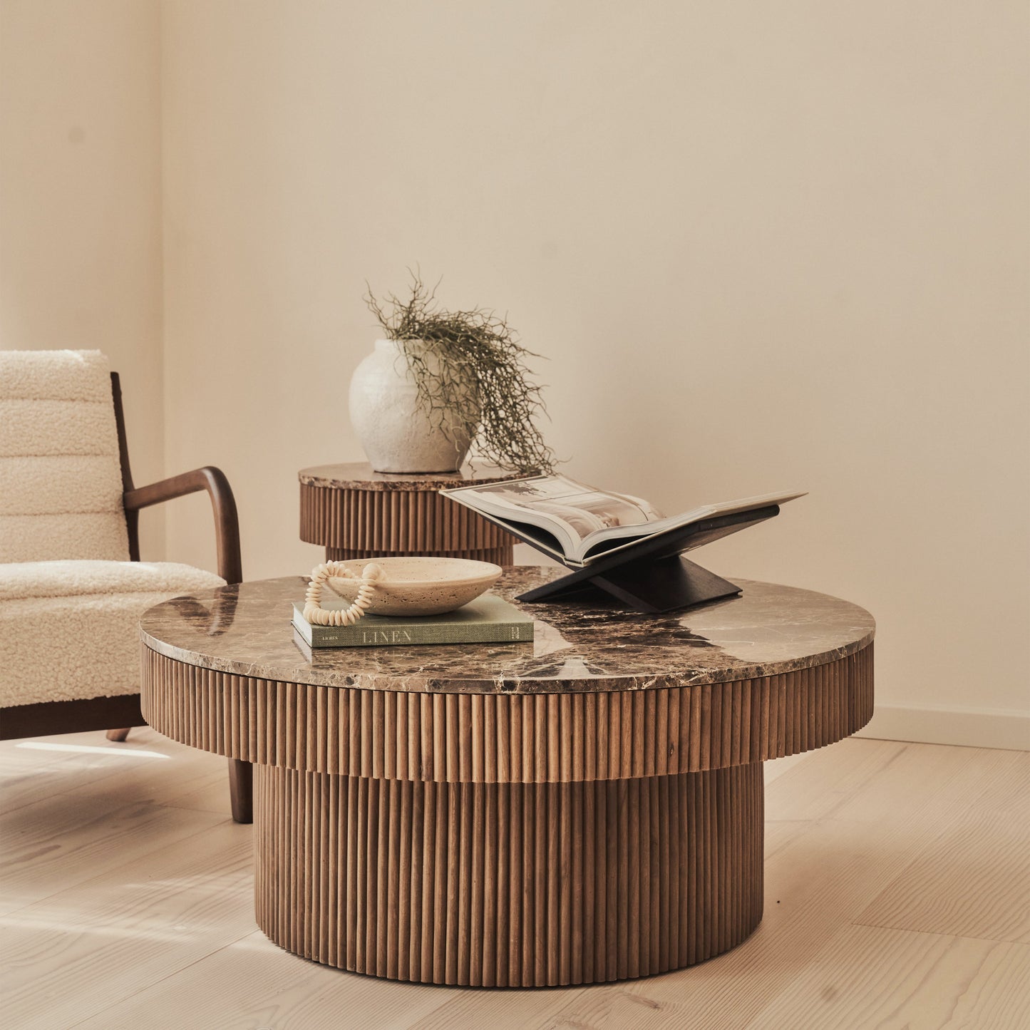 Sloane - Dark Emperador Marble Round Warm Wood Premium Coffee Table