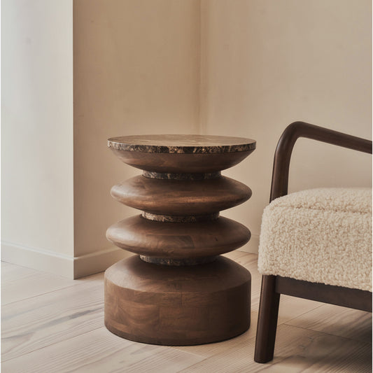 Orinthia - Dark Emperador Marble Round Dark Wood Premium Side Table