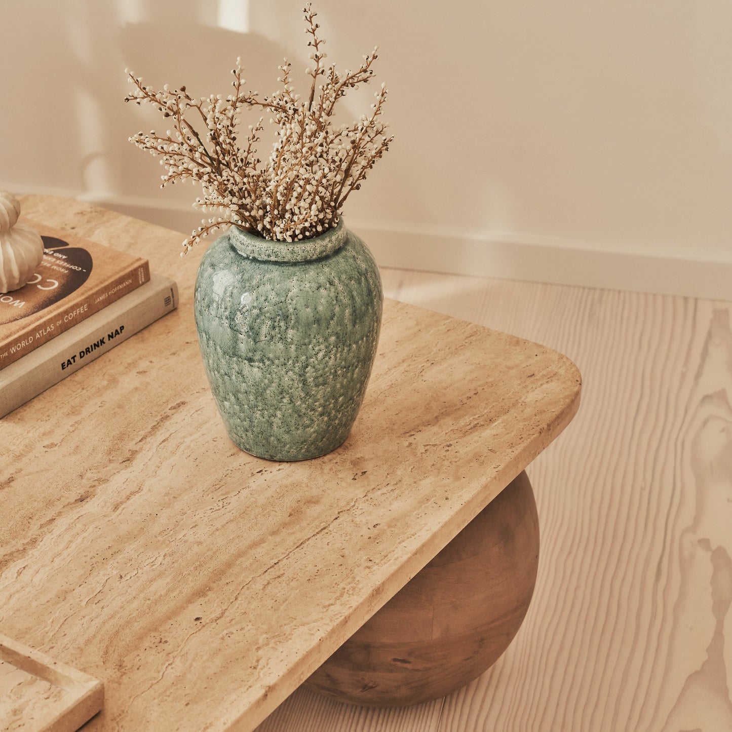 Melrose - Beige Travertine Rectangular Warm Wood Premium Coffee Table