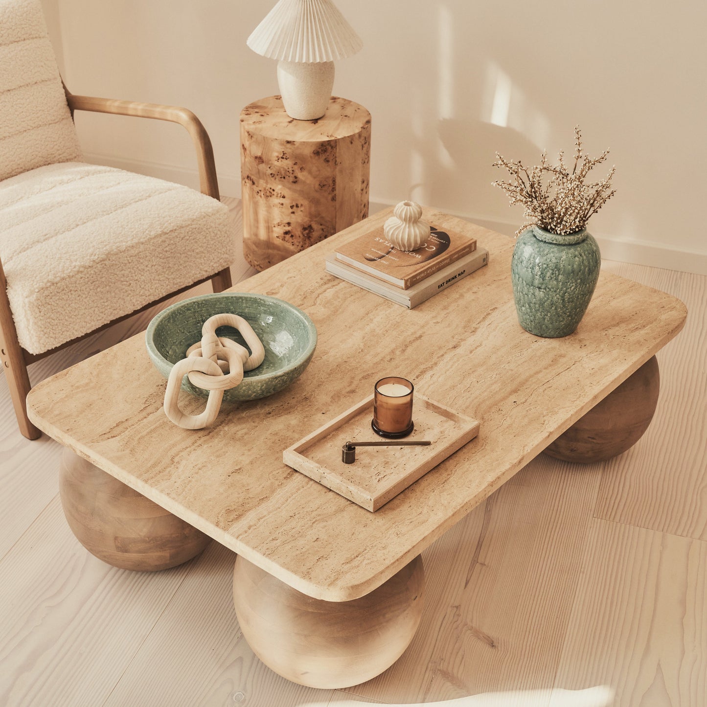 Melrose - Beige Travertine Rectangular Warm Wood Premium Coffee Table