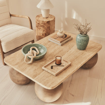 Melrose - Beige Travertine Rectangular Warm Wood Premium Coffee Table