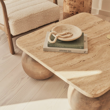 Melrose - Beige Travertine Square Warm Wood Premium Coffee Table