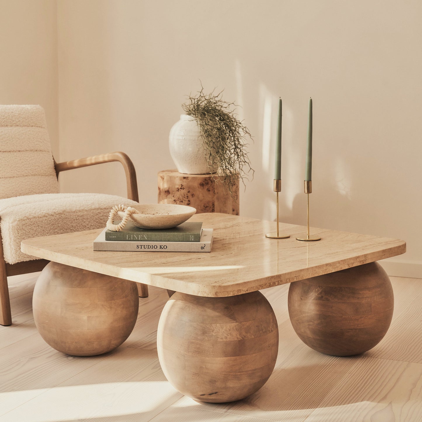 Melrose - Beige Travertine Square Warm Wood Premium Coffee Table