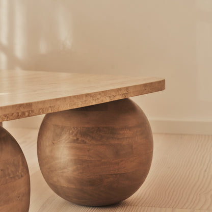 Melrose - Beige Travertine Square Warm Wood Premium Coffee Table