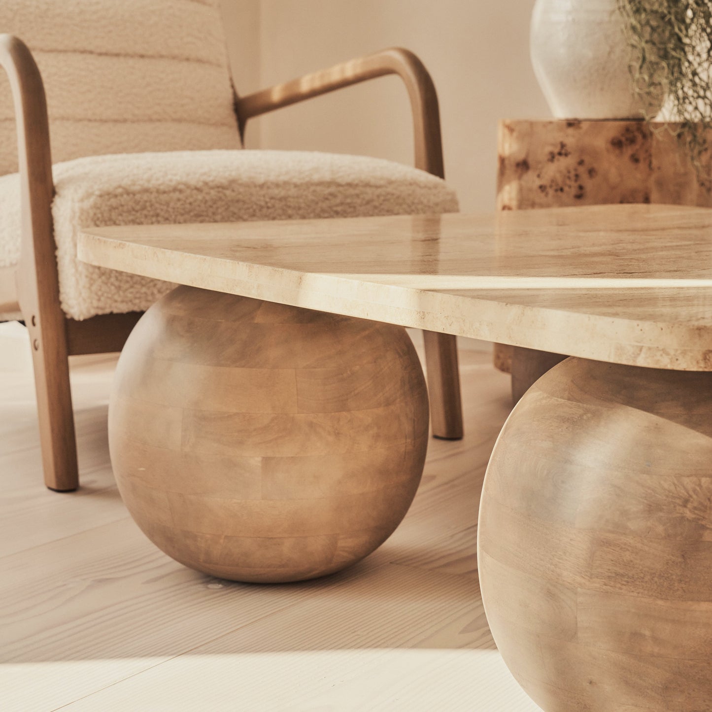 Melrose - Beige Travertine Square Warm Wood Premium Coffee Table