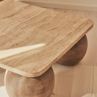 Melrose - Beige Travertine Square Warm Wood Premium Coffee Table