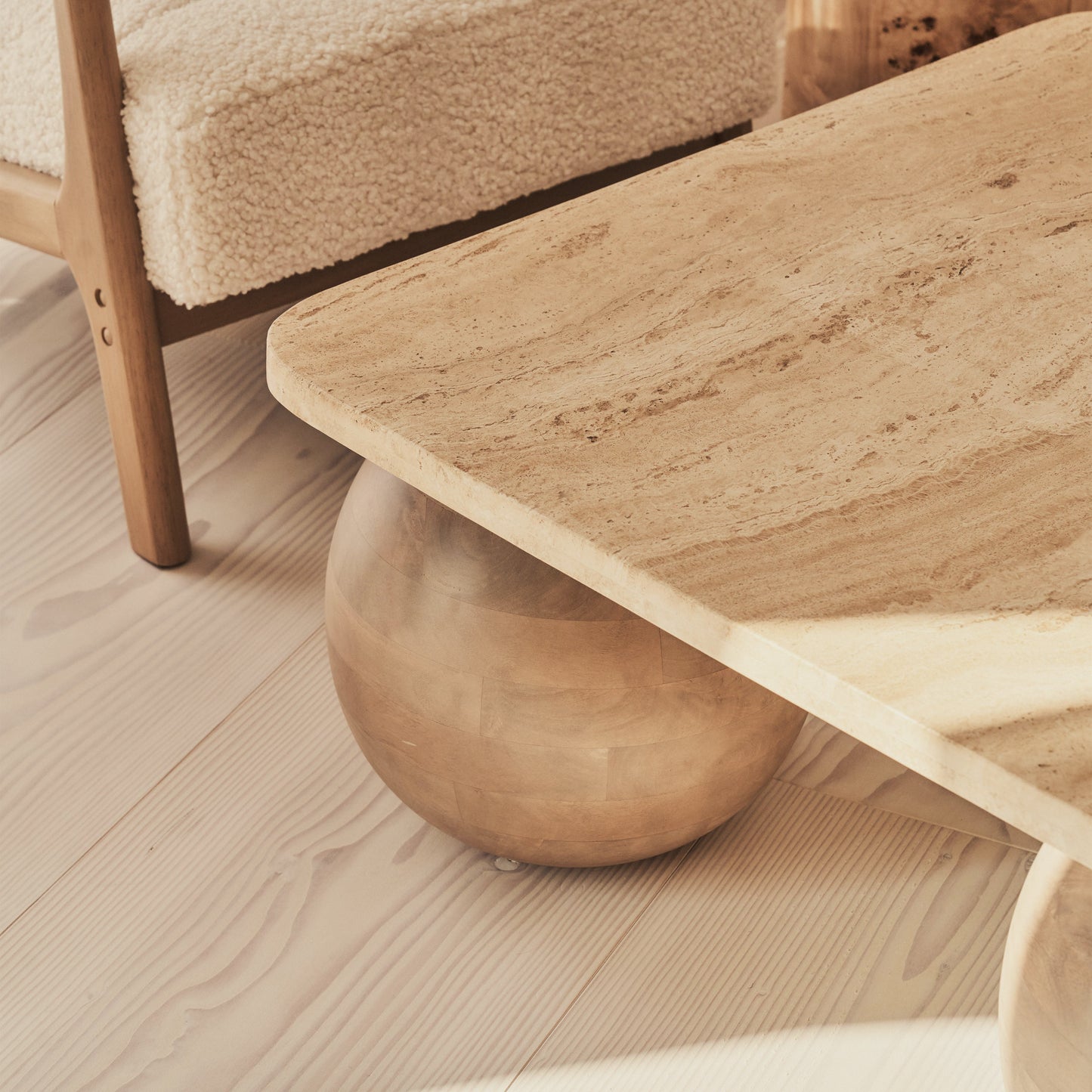 Melrose - Beige Travertine Square Warm Wood Premium Coffee Table