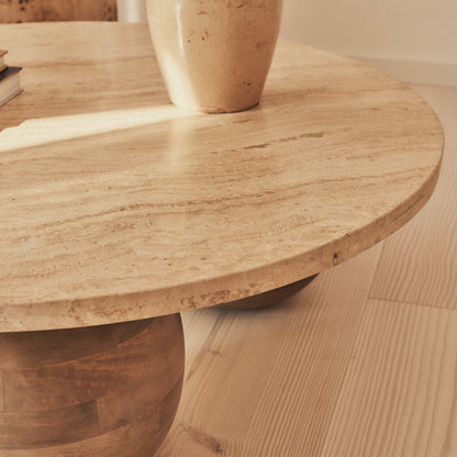 Melrose - Beige Travertine Round Warm Wood Premium Coffee Table