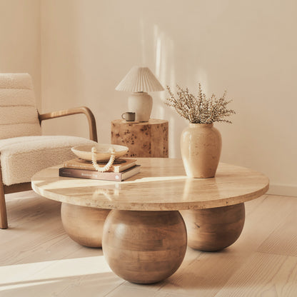 Melrose - Beige Travertine Round Warm Wood Premium Coffee Table