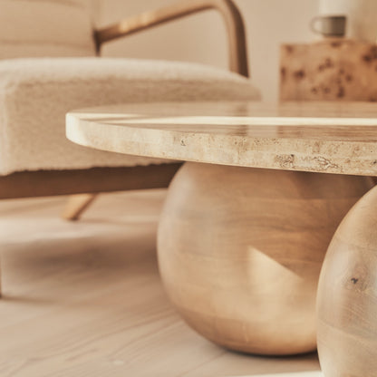 Melrose - Beige Travertine Round Warm Wood Premium Coffee Table