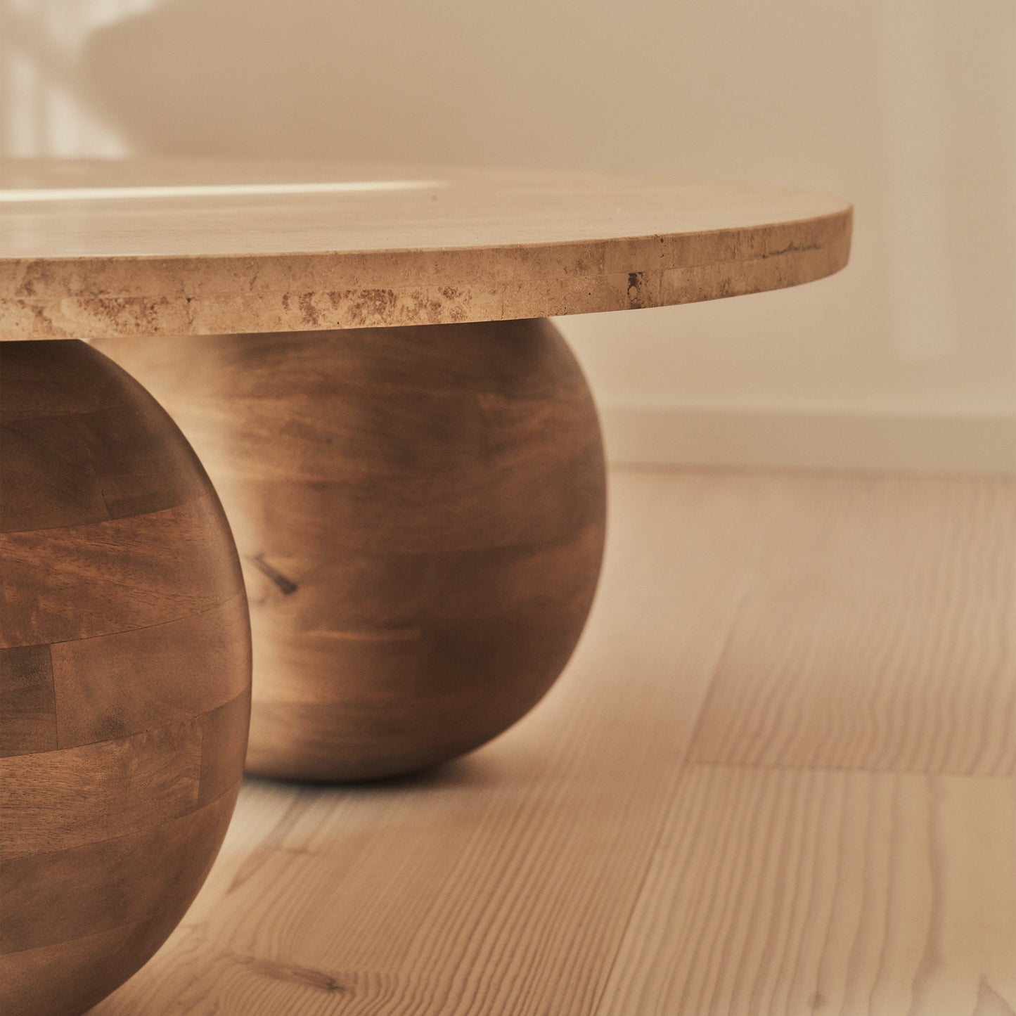 Melrose - Beige Travertine Round Warm Wood Premium Coffee Table