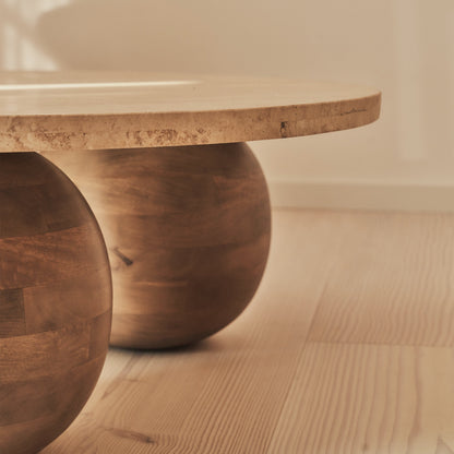 Melrose - Beige Travertine Round Warm Wood Premium Coffee Table
