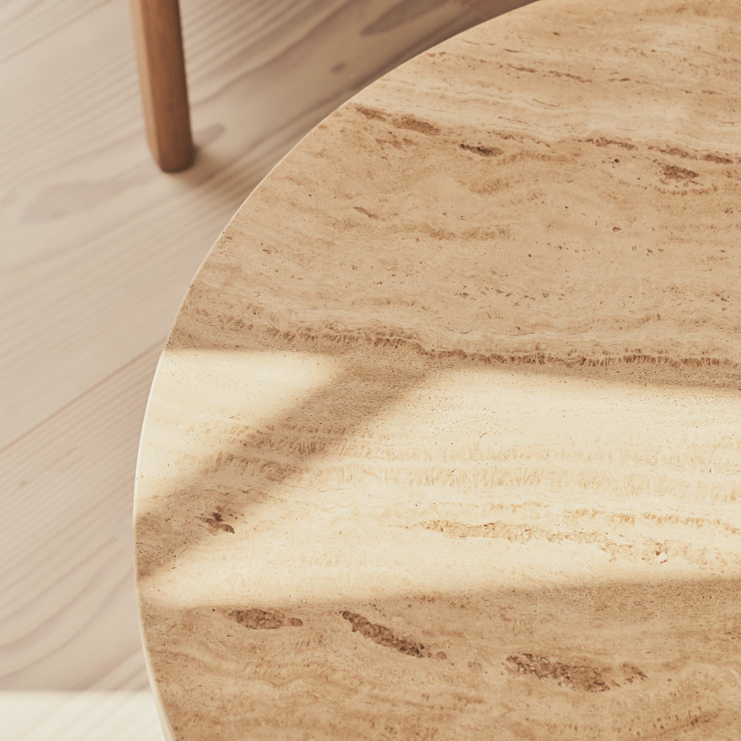 Melrose - Beige Travertine Round Warm Wood Premium Coffee Table