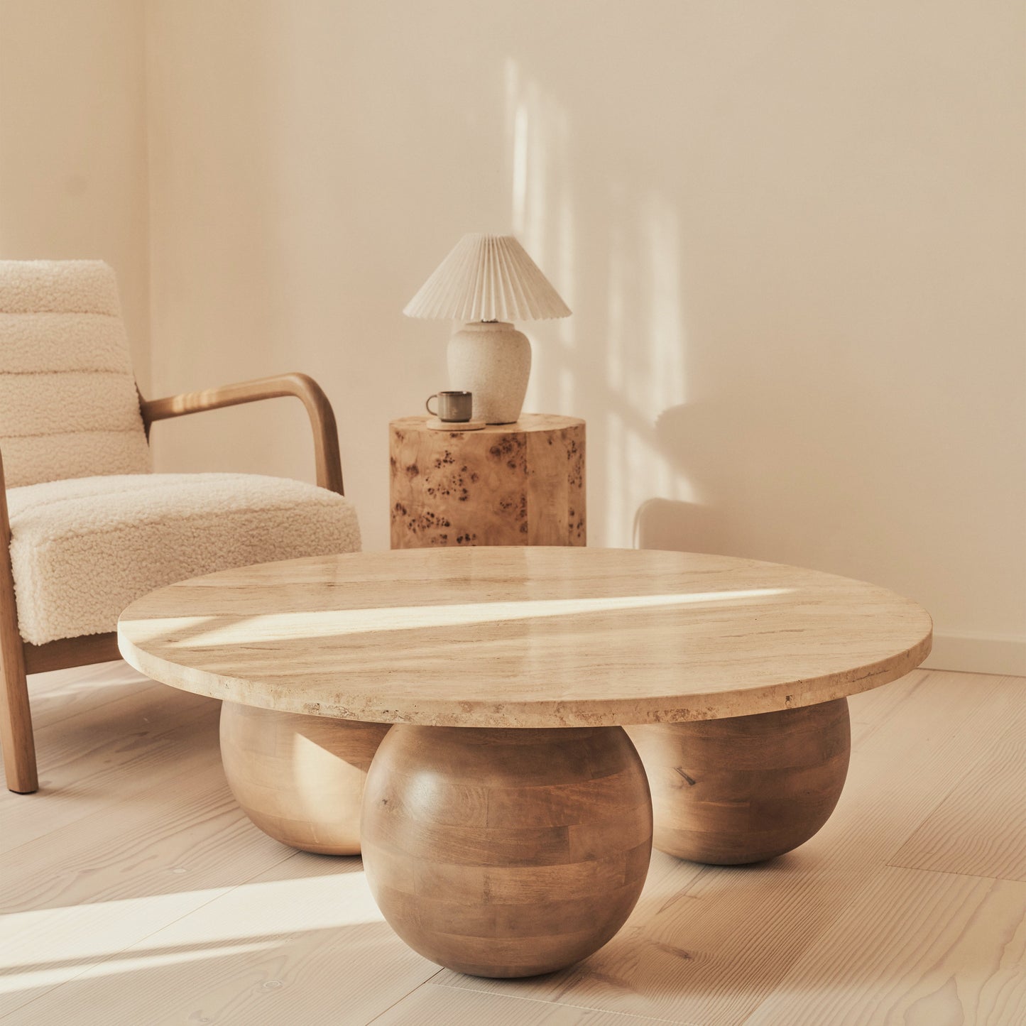 Melrose - Beige Travertine Round Warm Wood Premium Coffee Table