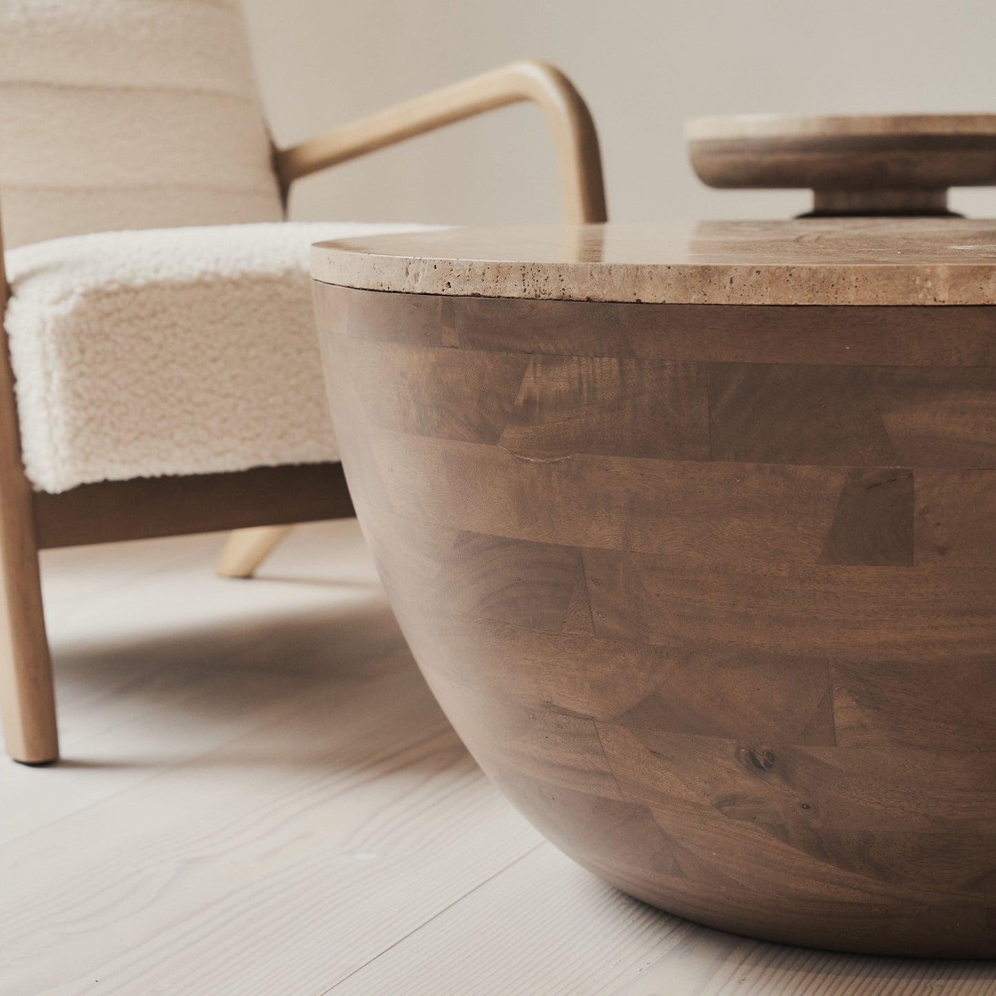 Lyra - Beige Travertine Round Warm Wood Premium Coffee Table