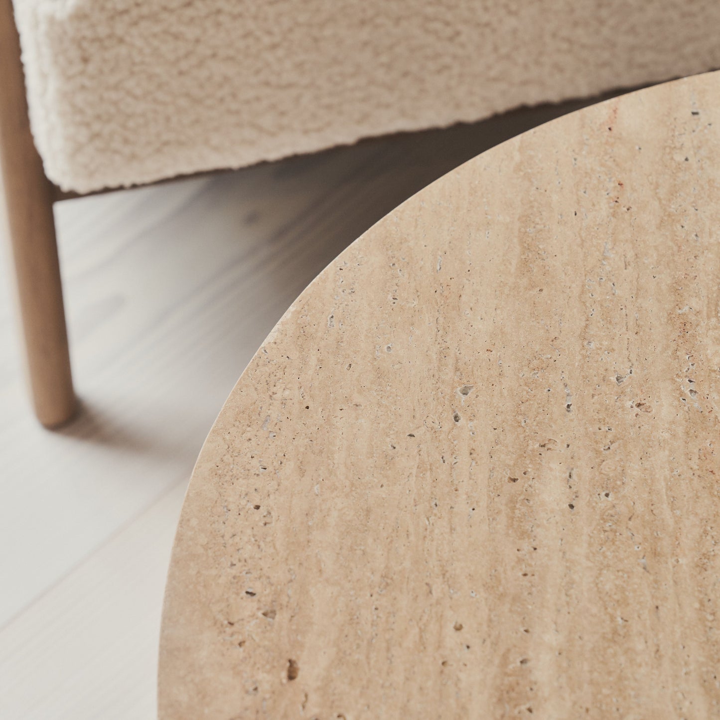 Lyra - Beige Travertine Round Warm Wood Premium Coffee Table