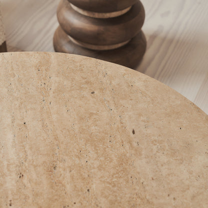 Lyra - Beige Travertine Round Warm Wood Premium Coffee Table