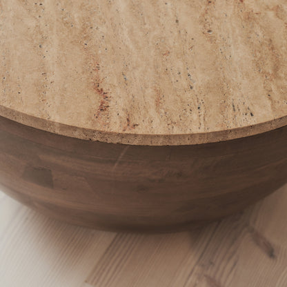 Lyra - Beige Travertine Round Warm Wood Premium Coffee Table