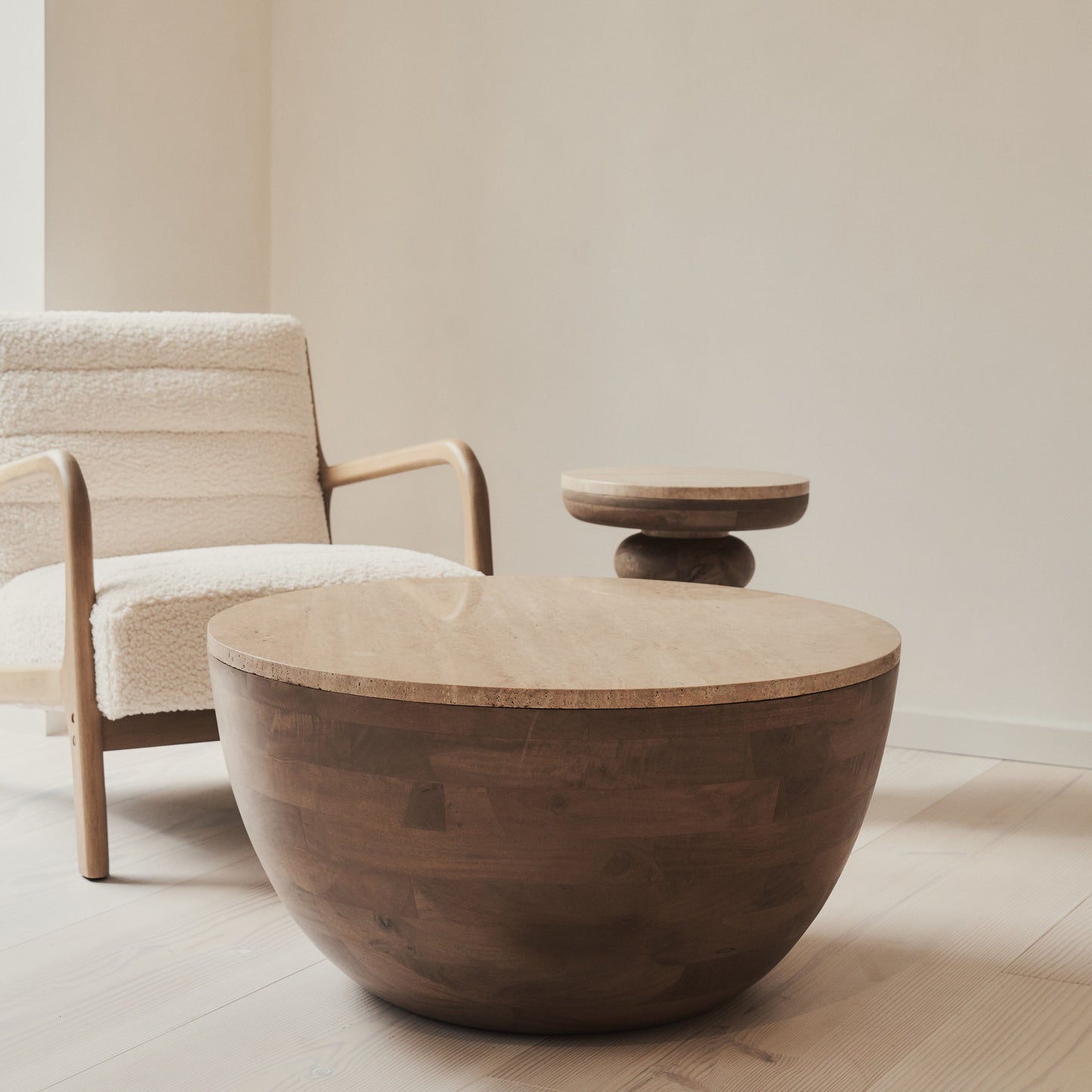 Lyra - Beige Travertine Round Warm Wood Premium Coffee Table