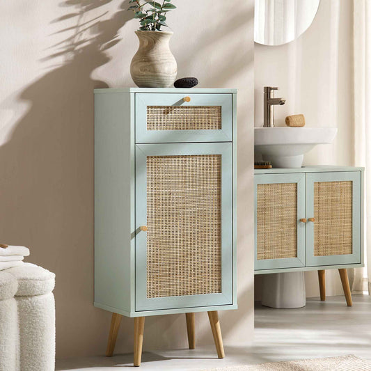 Frances Woven Rattan 1-Door Bathroom Cabinet, Mint