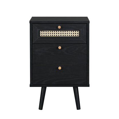 Anya Woven Rattan 3-Drawer Bedside Table in Black Colour