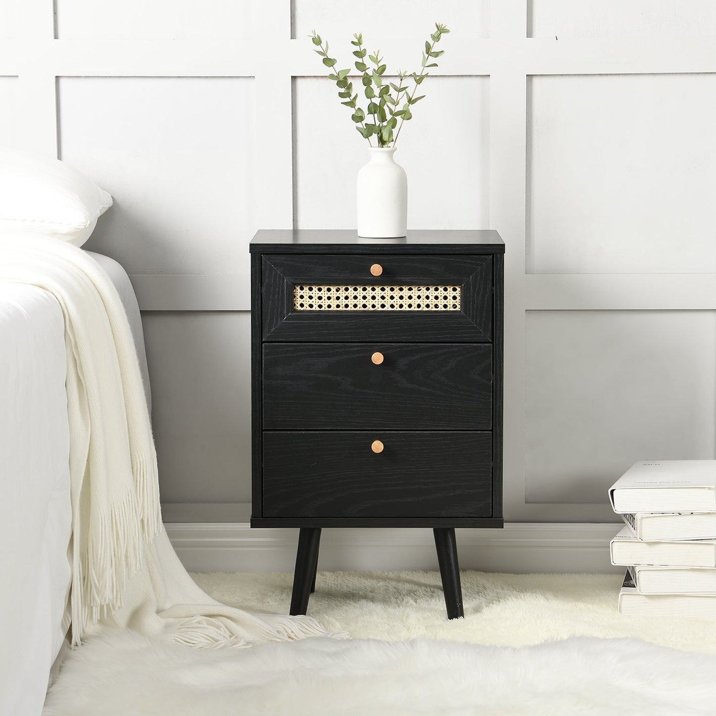 Anya Woven Rattan 3-Drawer Bedside Table in Black Colour