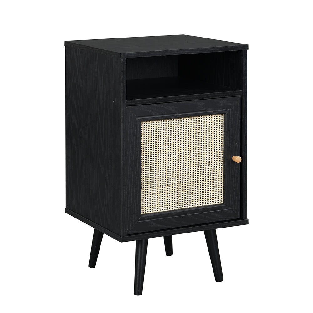 Frances Woven Rattan 1-Door Bedside Table in Black Colour