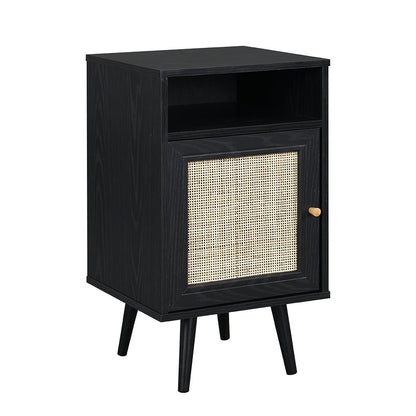 Frances Woven Rattan 1-Door Bedside Table in Black Colour