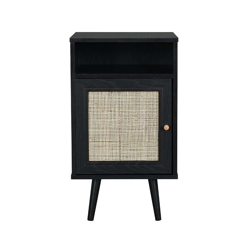 Frances Woven Rattan 1-Door Bedside Table in Black Colour