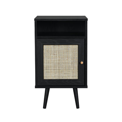 Frances Woven Rattan 1-Door Bedside Table in Black Colour