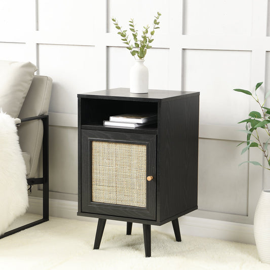 Frances Woven Rattan 1-Door Bedside Table in Black Colour