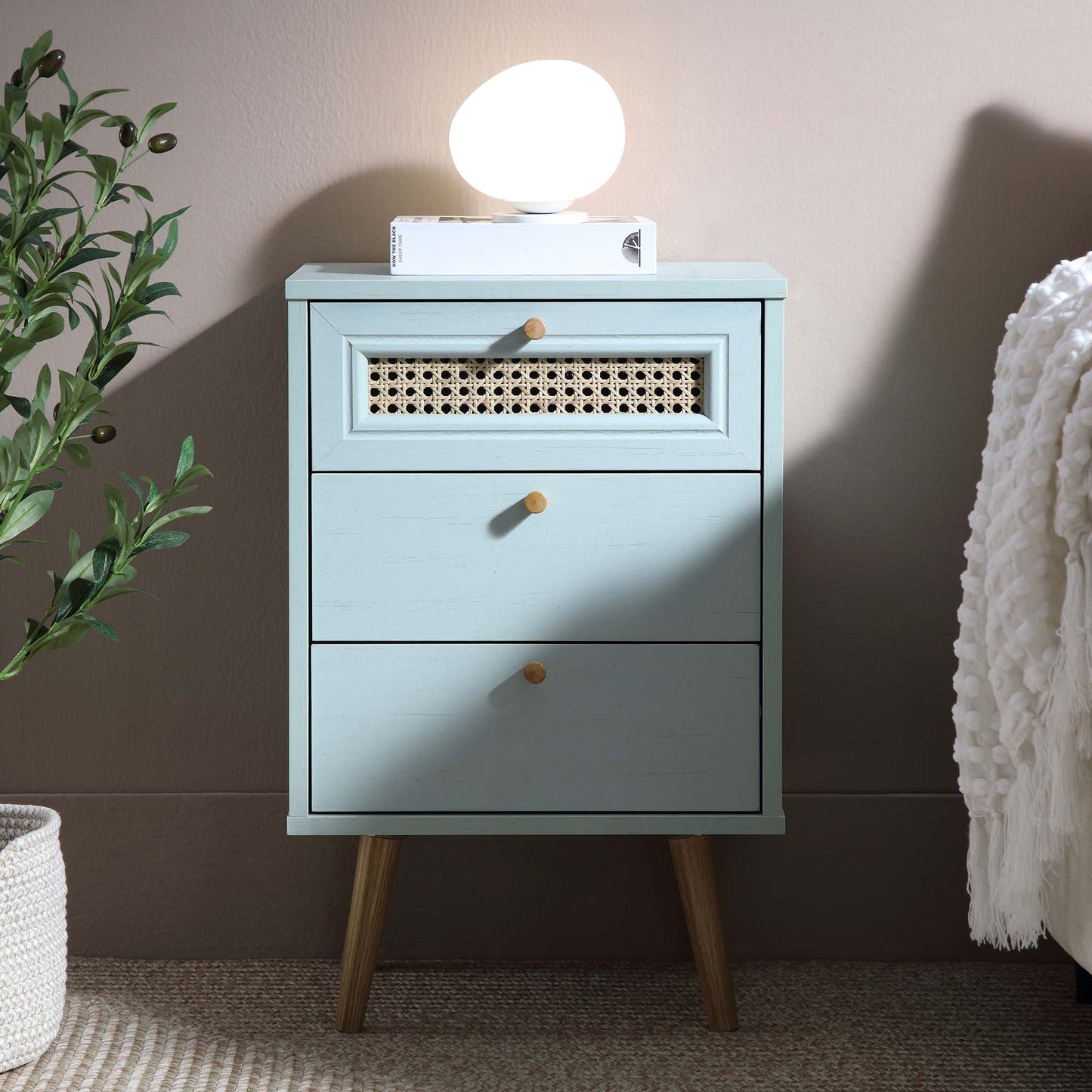 Anya Woven Rattan 3-Drawer Bedside Table in Mint Colour