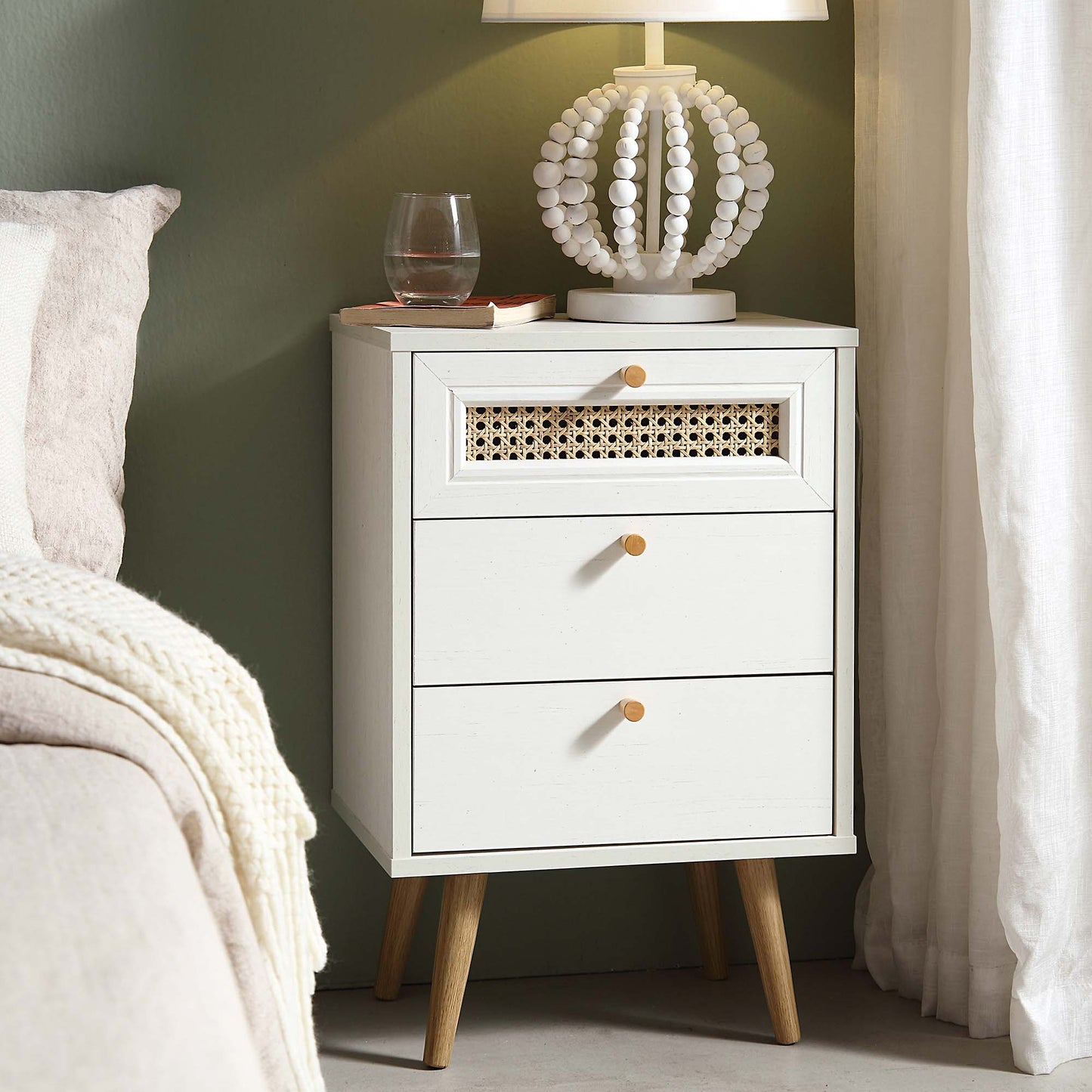 Anya Woven Rattan 3-Drawer Bedside Table in White