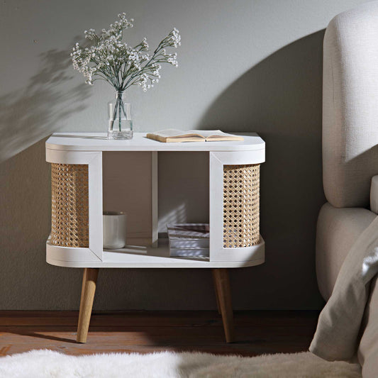 Izzy Curved Rattan Bedside Table, White